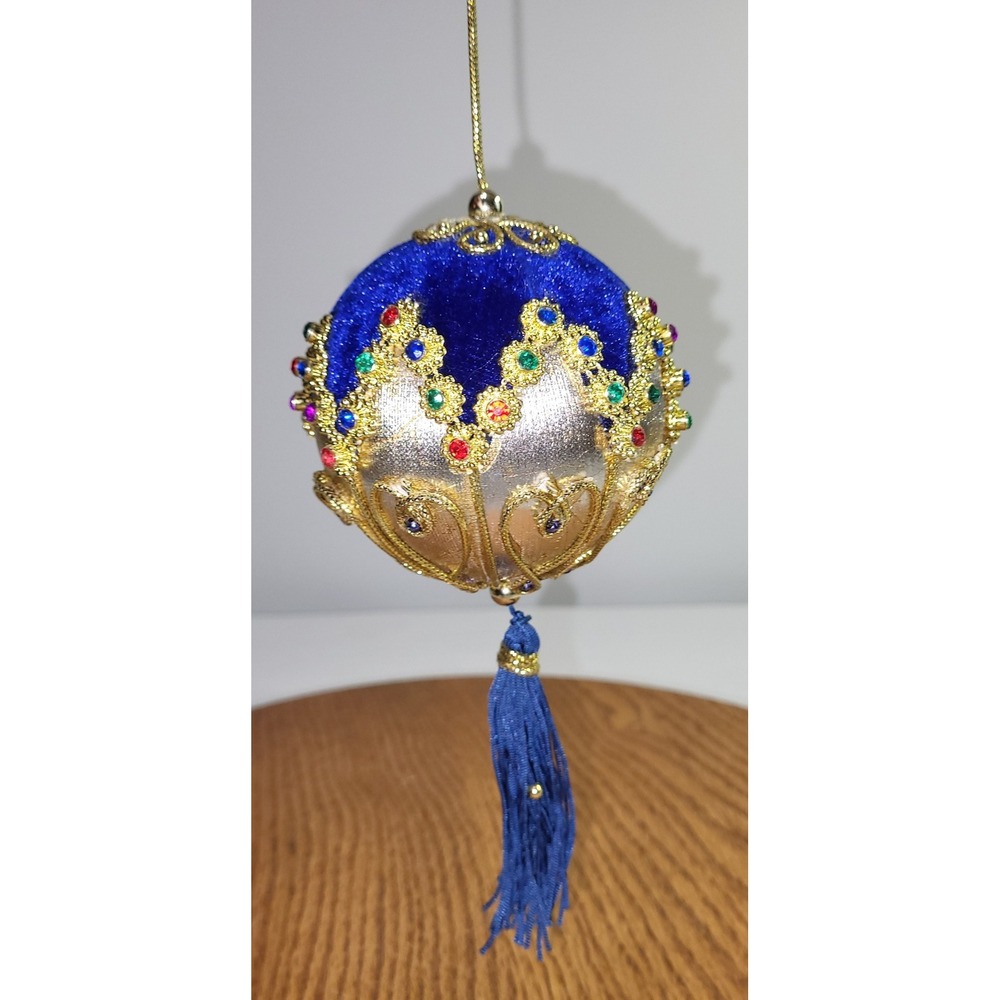 Christmas Ornament Blue Velvet Gold Tassel Rhinestone Victorian Style